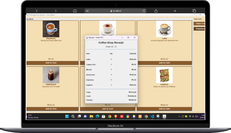 Screenshot of coffee shop pos