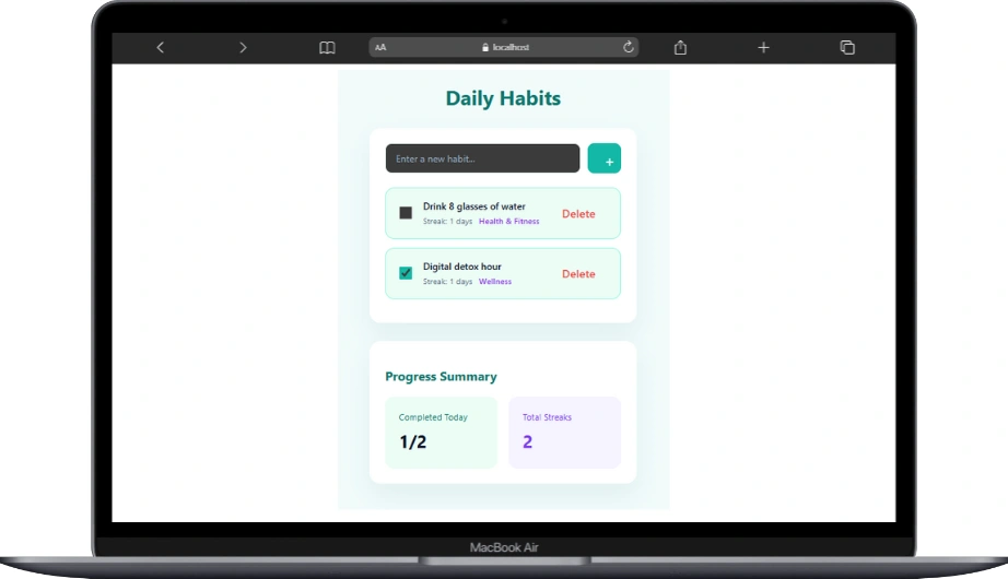 Screenhot output of Daily Habits Using React Js